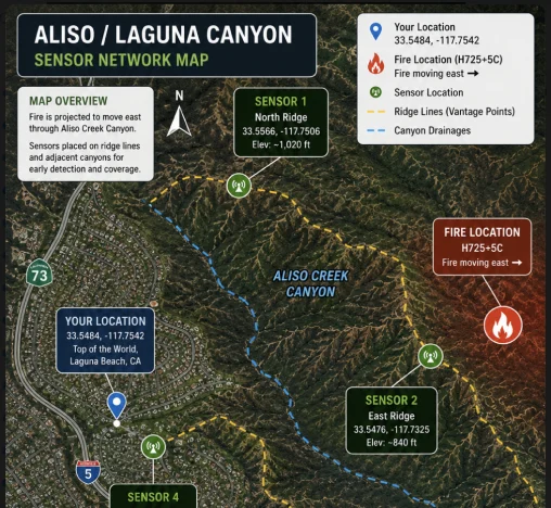 Phoenix - conversation module - sensor map 2x PNG exported from Figma for the Phoenix wildfire detection story conversation module.