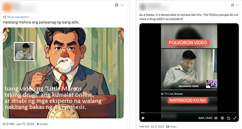 Tech and Tariffs Marcos overlap Post shared by the account from the Tech and Tariffs cluster and a video shared by an account attributed to Operation Nine-emdash Line.