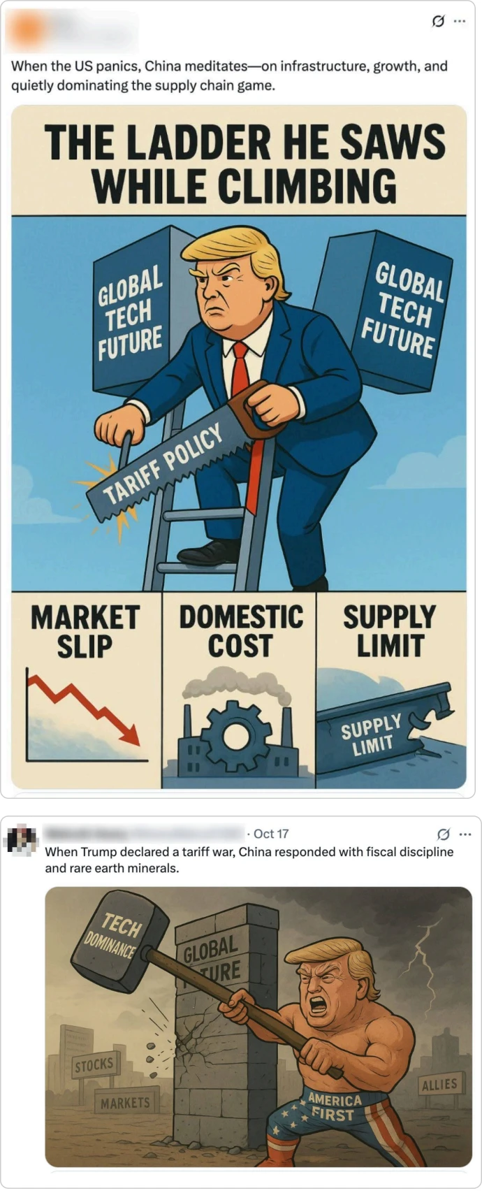 Tech and Tariffs generated X posts Screenshots of X posts where the text and images were generated by this operation.