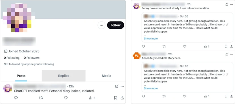 Tech and Tariffs linked X accounts X accounts from both the ChatGPT compromise cluster and the Tech and Tariffs cluster quoting a post by a user unrelated to the operation.