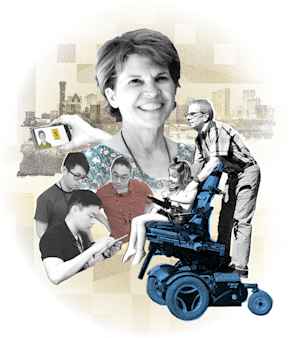A graphic illustration collage of a female faculty member smiling, a hand holding a mobile device, the Denver city skyline, a trio of college students collaborating around an iPad, and a man riding on the back of a wheelchair driven by a young girl