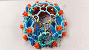 A student project of blue and orange electrodes, plastic framing and wires