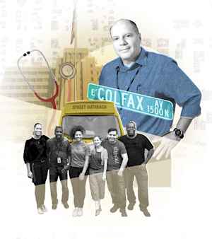A graphic illustration collage of a physician, a stethoscope, a tall building from the CU Anschutz Medical Campus, and a street outreach group