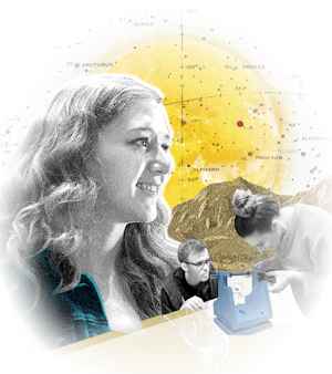 A graphic illustration collage of a young woman, a sun, a map of the stars in the sky, and two students building a project together