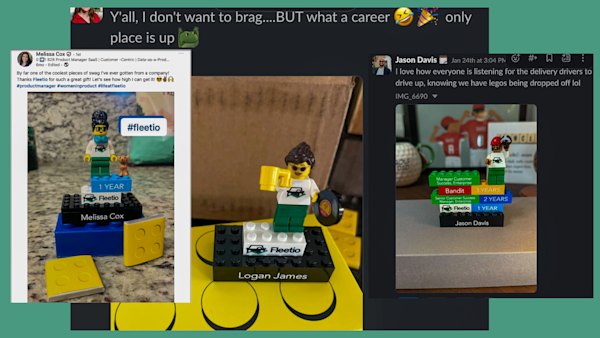 Screenshots from Fleetio's Slack team praising the LEGO figurines.