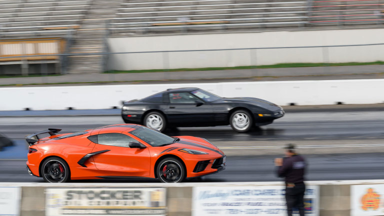 Rocco and Tom racing side by side down the quarter mile
