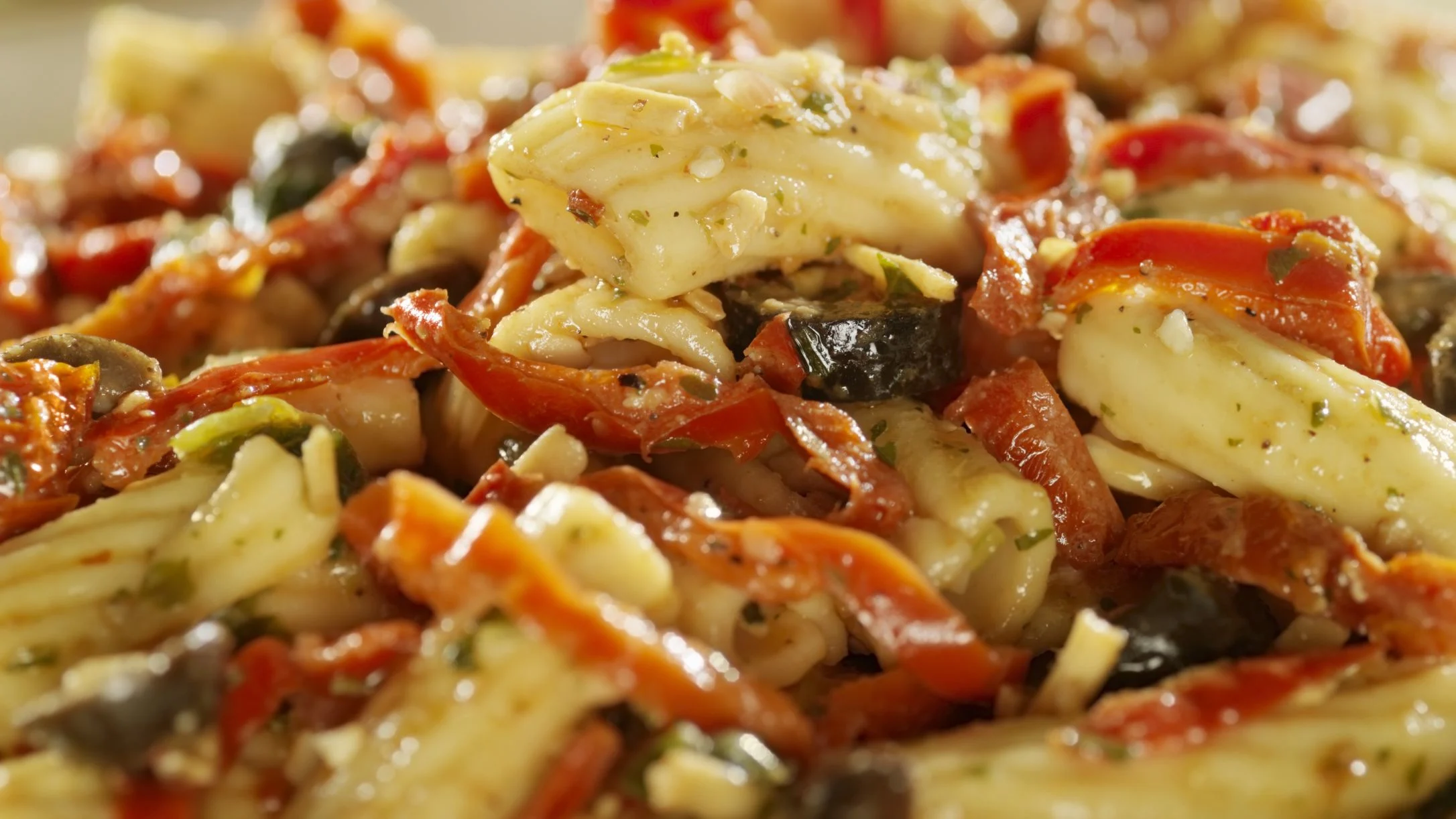 Close-up of penne pasta dish with roasted red peppers, black olives, artichoke hearts, herbs, and a savory sauce.