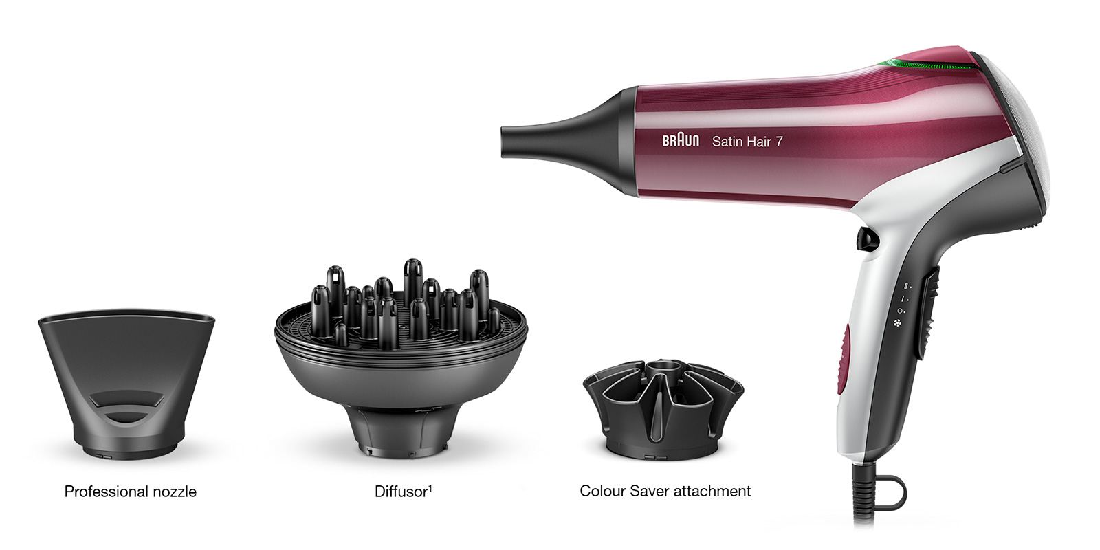Uscător pentru păr vopsit Braun Satin Hair 7 cu trei accesorii