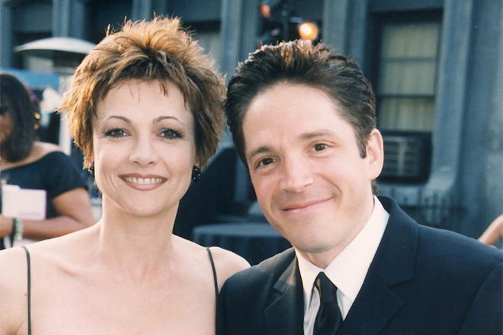 Emma Samms posing with Dave Koz