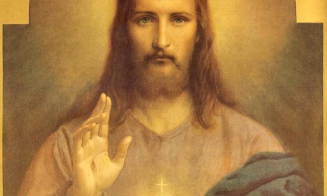 Neuvaine Miséricorde - jour 5 - Le Christ montrant son cœur de la main gauche et nous bénissant de sa main droite - Peinture