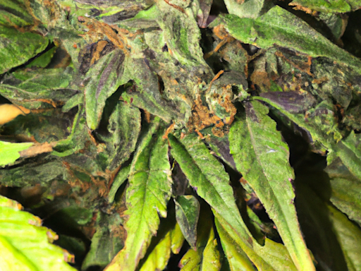 Detailaufnahme einer Blüte und Blätter einer Cannabispflanze