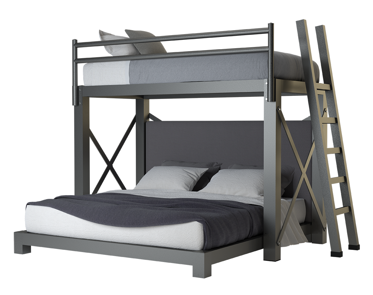 A charcoal Twin XL Over King size L-Shaped Bunk Bed for adults
