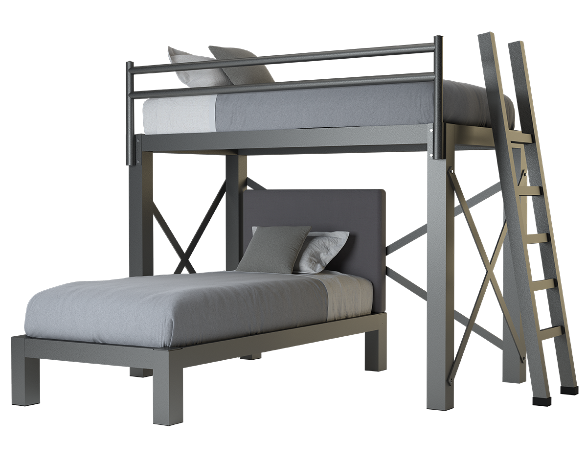 A charcoal Twin XL Over Twin XL L-Shaped Bunk Bed for adults
