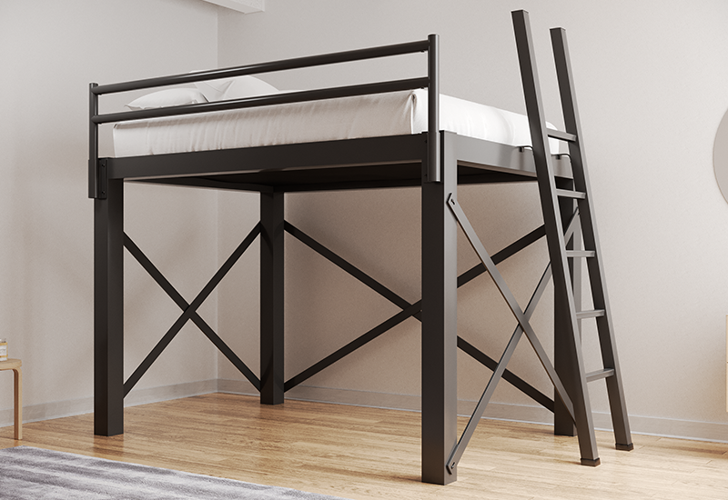 Charcoal Queen Adult Loft Bed in a neutral minimalist room seen from the lower right-hand corner of the bed - 800x550