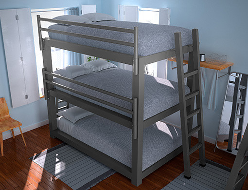 A charcoal Full XL Triple Bunk Bed in a hostel