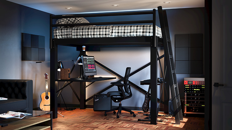 Black Full XL Adult Loft Bed in a nice bedroom with a home recording studio setup underneath the loft bed seen directly from the side at a slight distance - 800x450