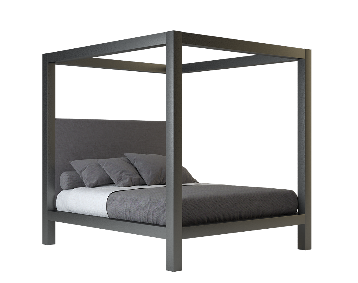 A charcoal California king size metal canopy bed