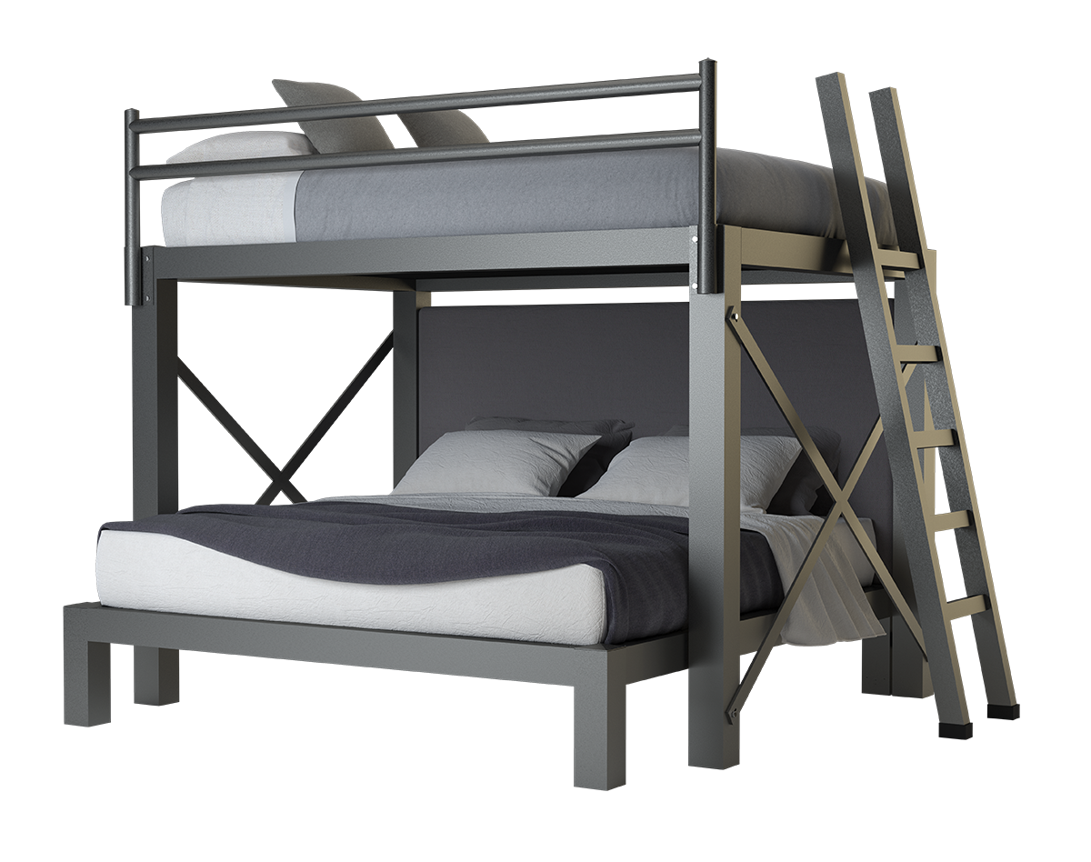 A charcoal Queen Over King size L-Shaped Bunk Bed for adults