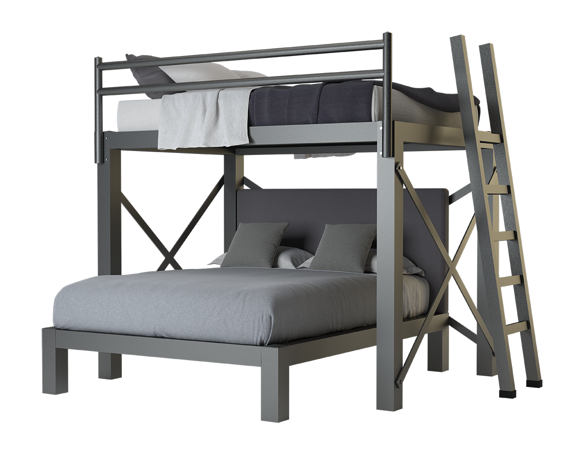 A charcoal Full Over Queen size L-Shaped Bunk Bed for adults