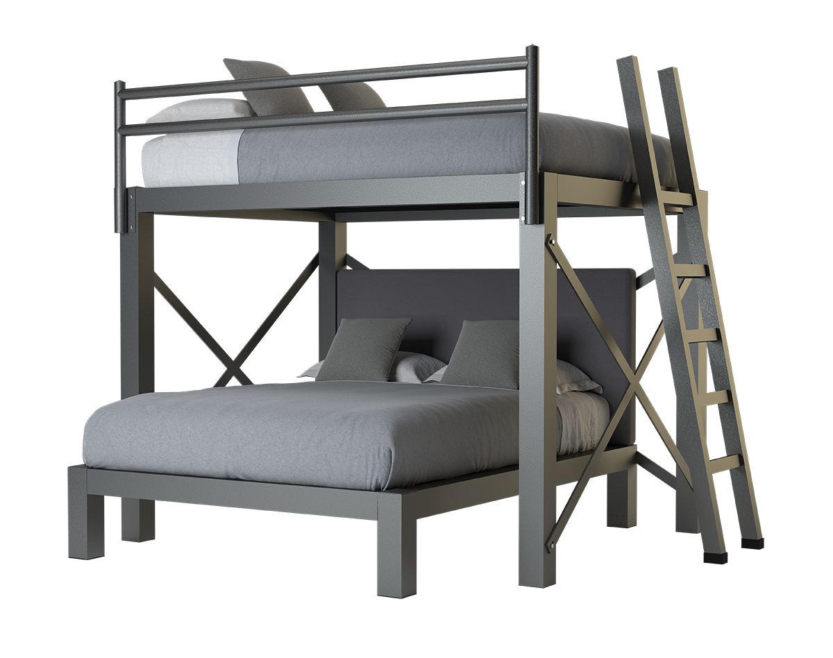 A charcoal Queen Over Queen L-Shaped Bunk Bed