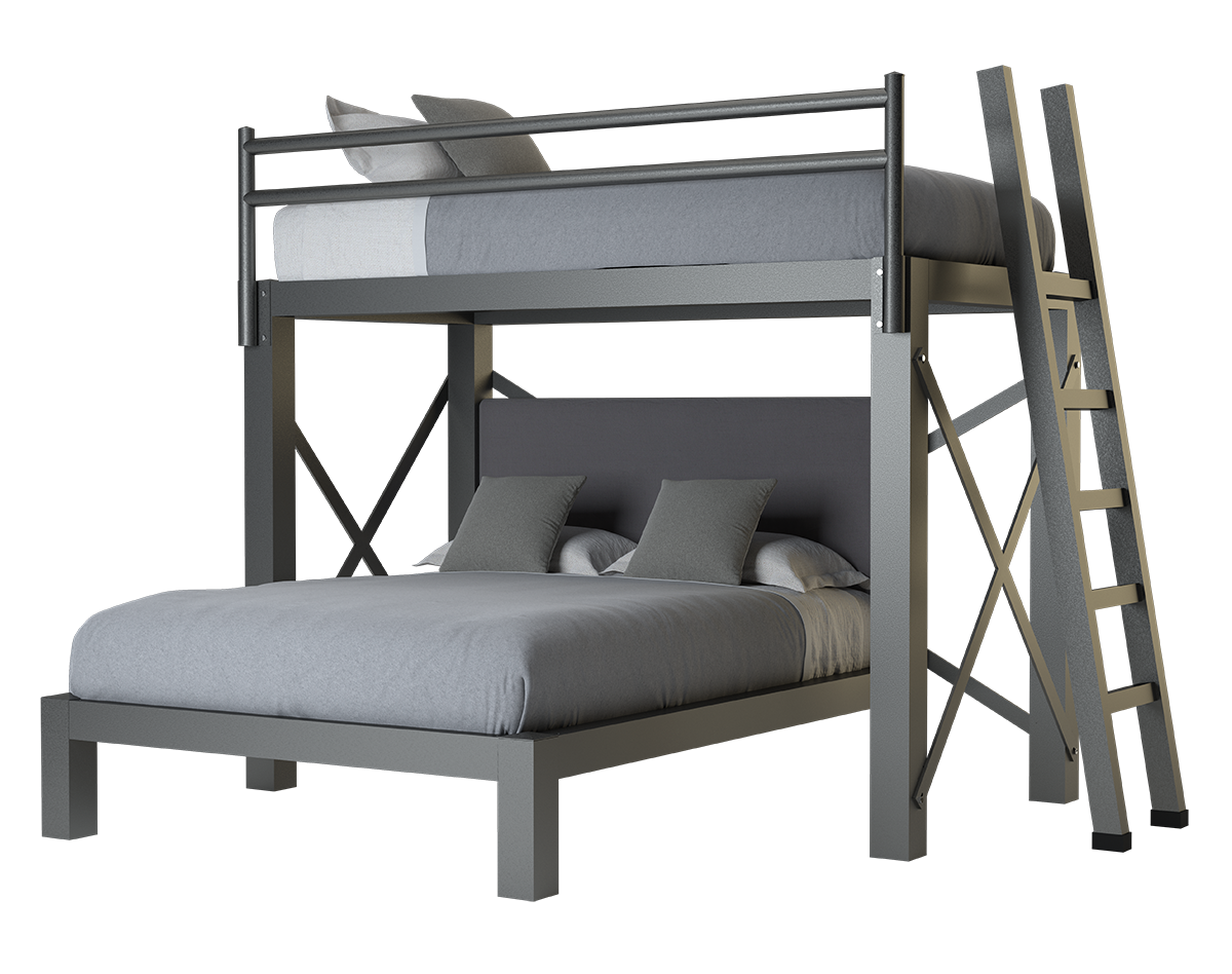 A charcoal Twin XL Over Queen size L-Shaped Bunk Bed for adults