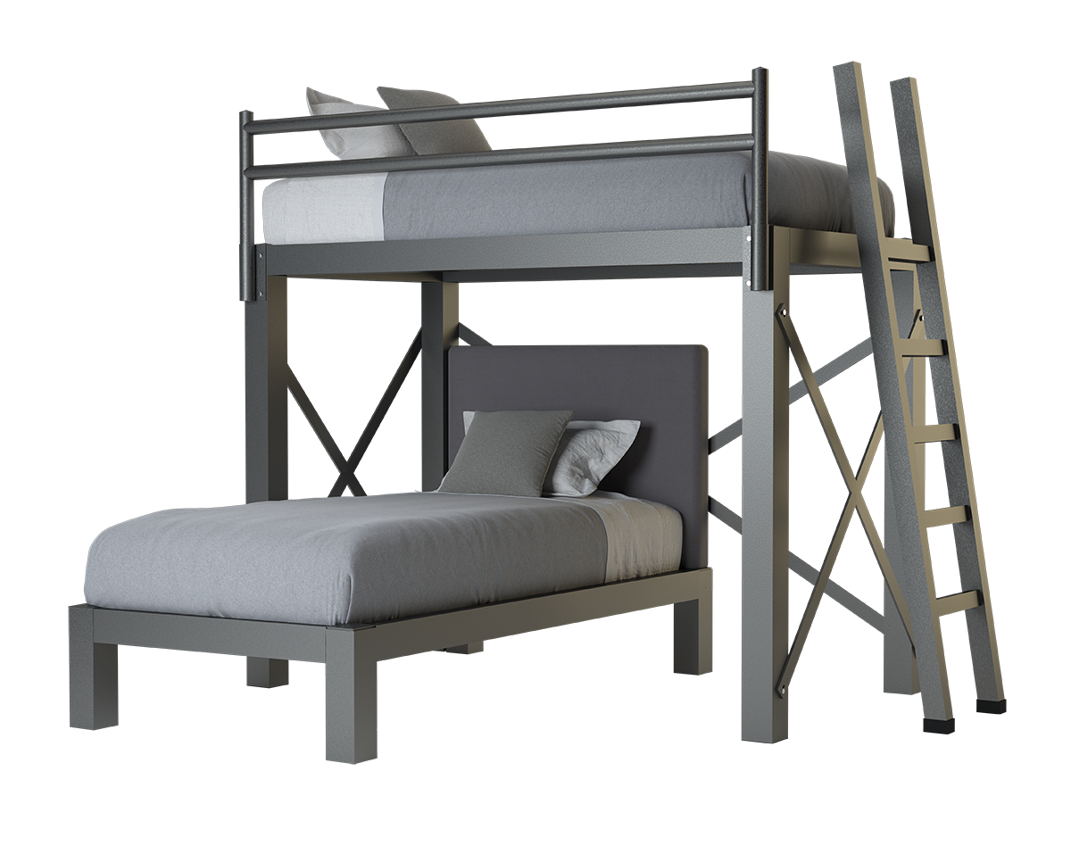 A charcoal Twin Over Twin L-Shaped Bunk Bed