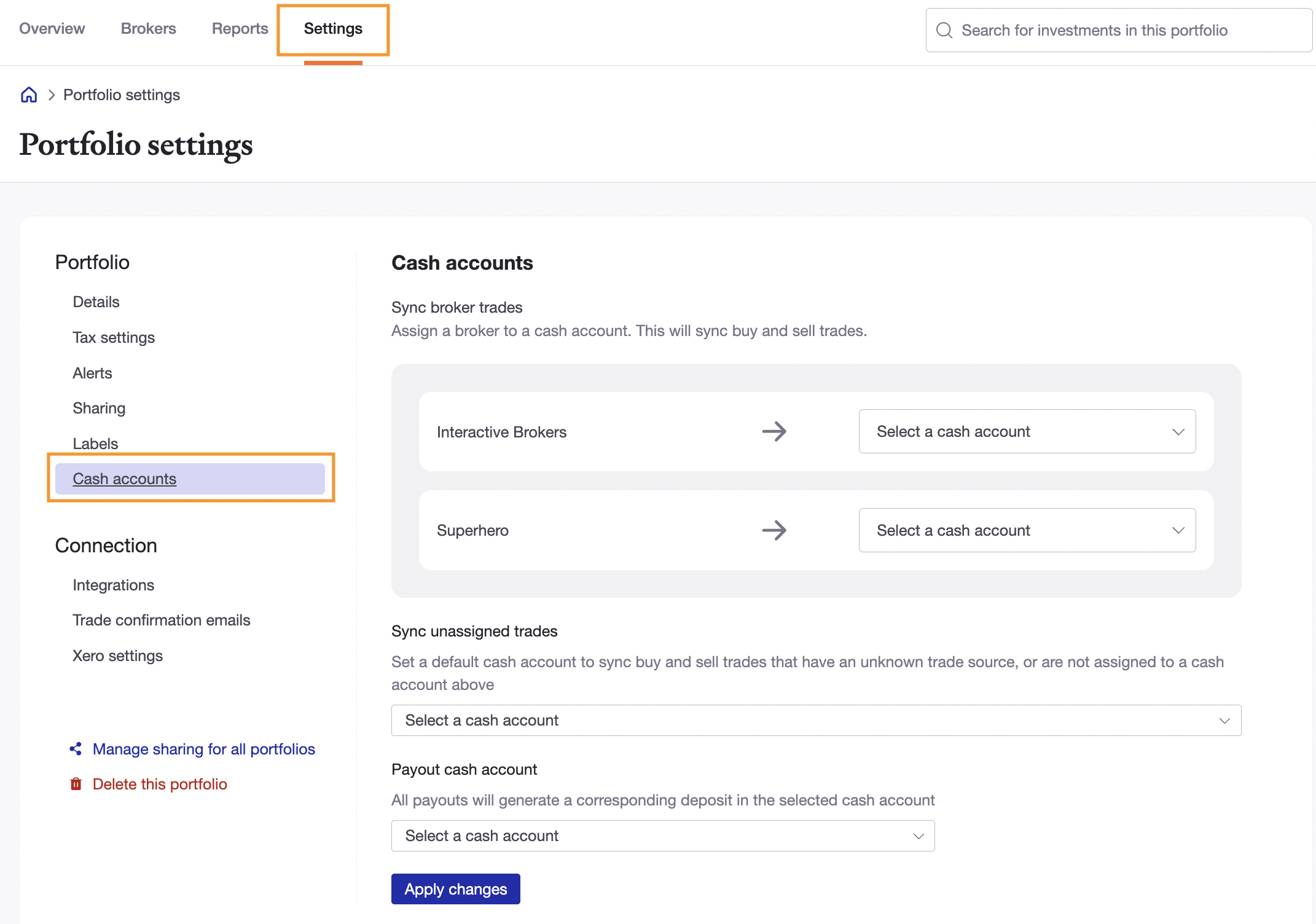 Settings>cash accounts