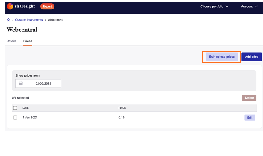Custom instrument bulk update price