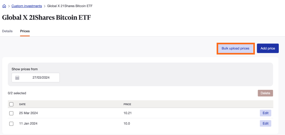 Custom investment prices
