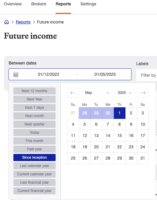 Future Income Report - Date range selection