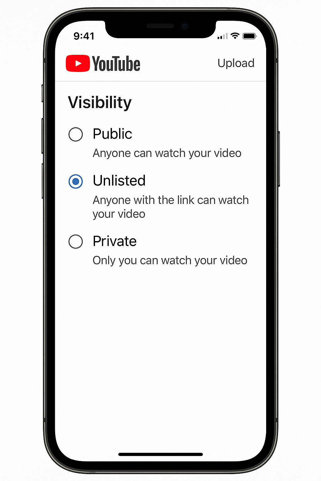 Screenshot YouTube upload visibility set to Unlisted