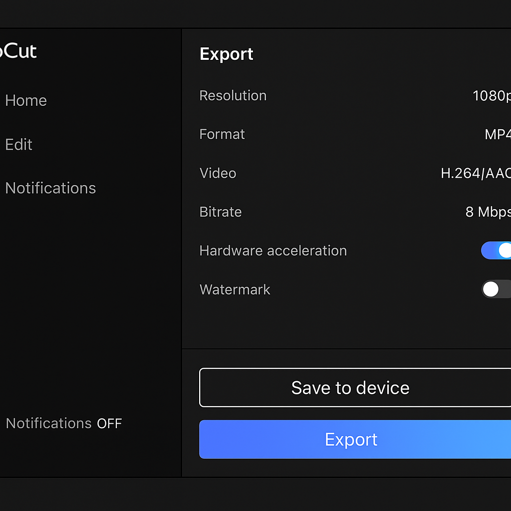 Screenshot Export panel with “Save to device” highlighted