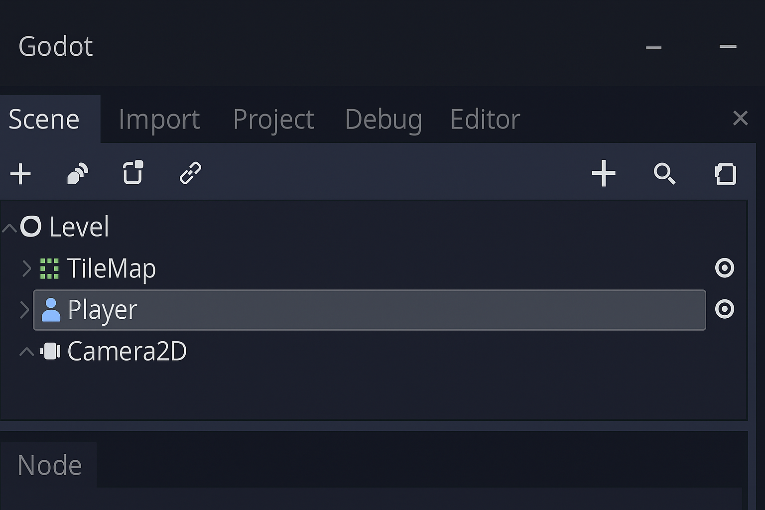 screenshot Scene tree with Level TileMap, Player, Camera2D