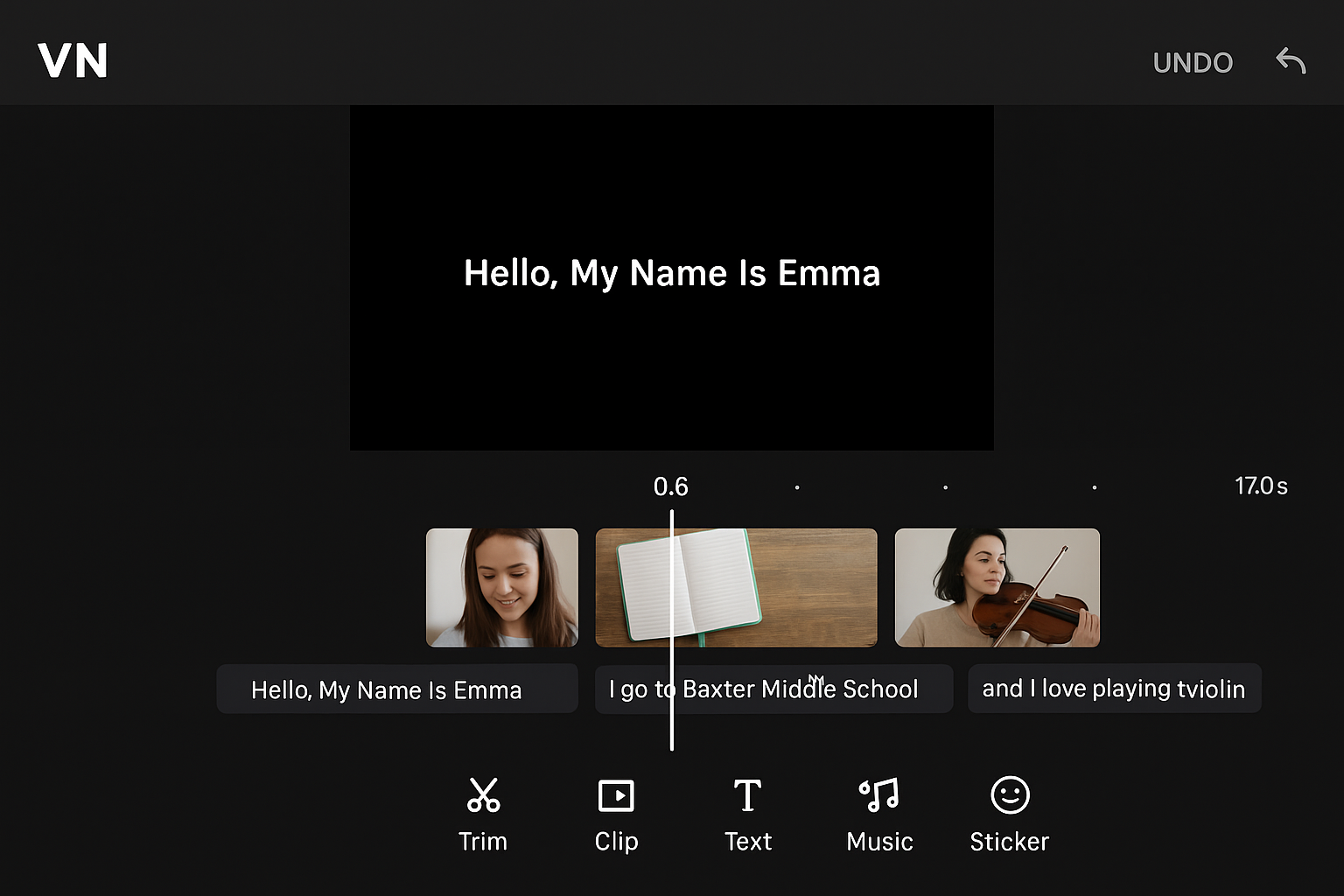 Screenshot VN Timeline with 3 clips + Captions