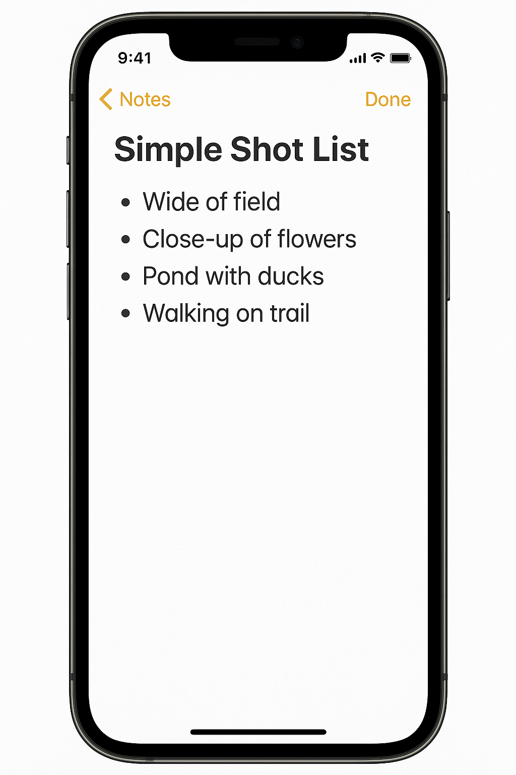Screenshot Simple shot list on phone Notes app