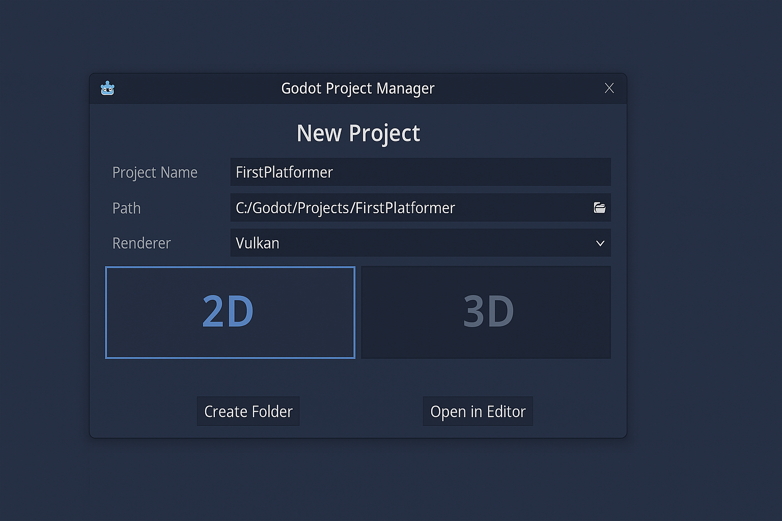 screenshot Godot Project Manager New 2D project