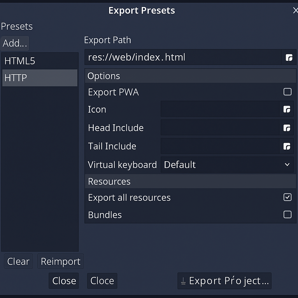 image of screenshot Export presets window
