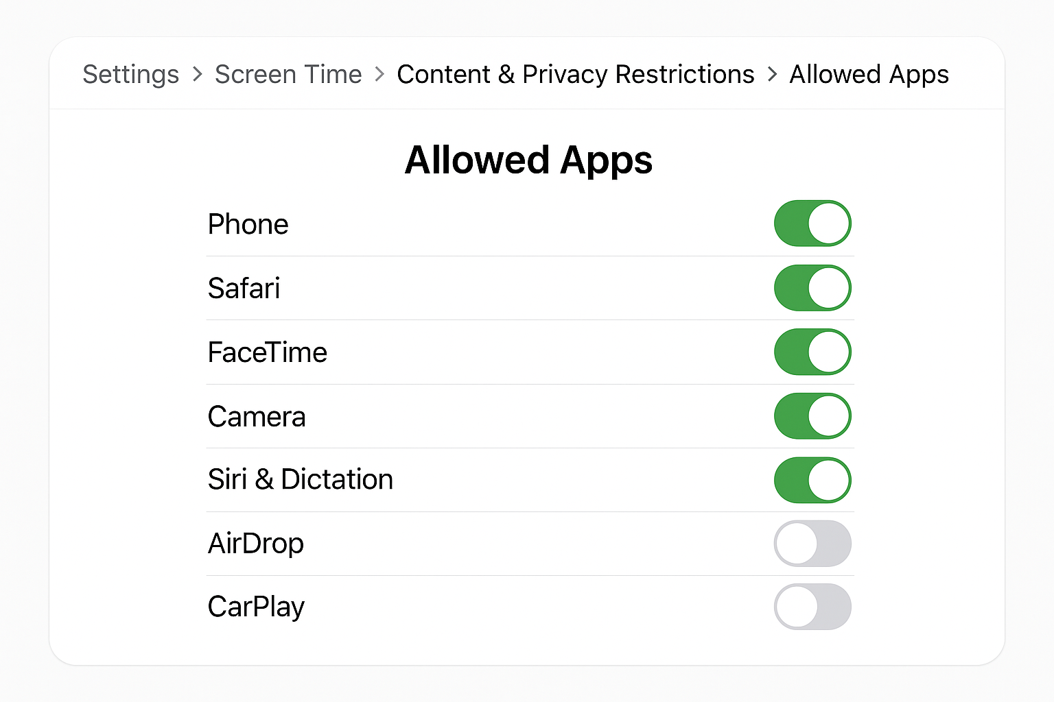 Screenshot: iOS Screen Time → Content & Privacy Restrictions → Allowed Apps