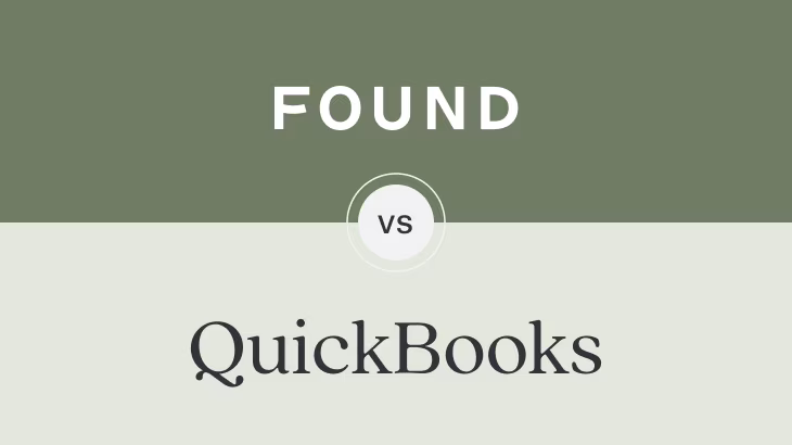 Found vs QuickBooks comparison graphic with Found in white text on olive green background and QuickBooks in dark text on cream background, separated by a circular VS badge