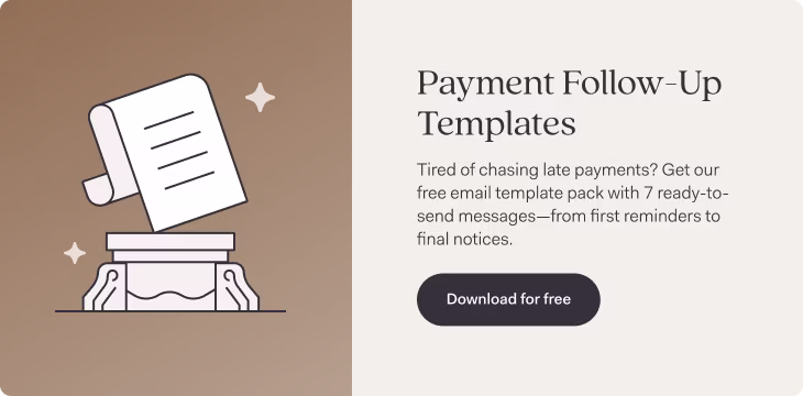 Illustration of a document floating above a podium, next to text promoting payment follow-up email templates