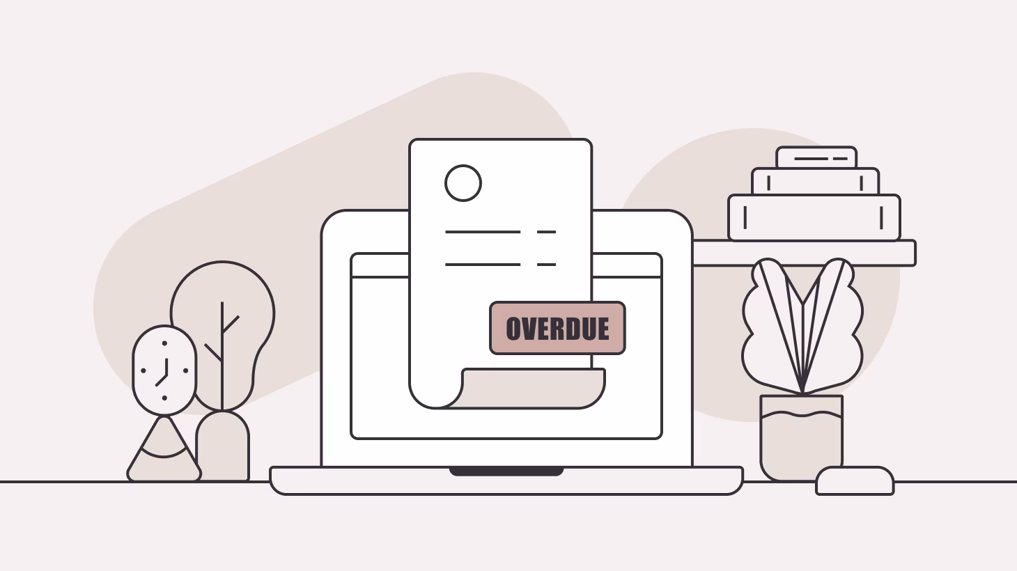 Illustration of a laptop displaying an invoice document with an 'OVERDUE' stamp across it, with a figure sitting at a desk and a potted plant nearby