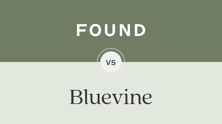 Comparison graphic showing 'FOUND' in white text on an olive green background at the top, with 'vs' in a circular badge in the center, and 'Bluevine' in dark serif font on a cream background at the bottom