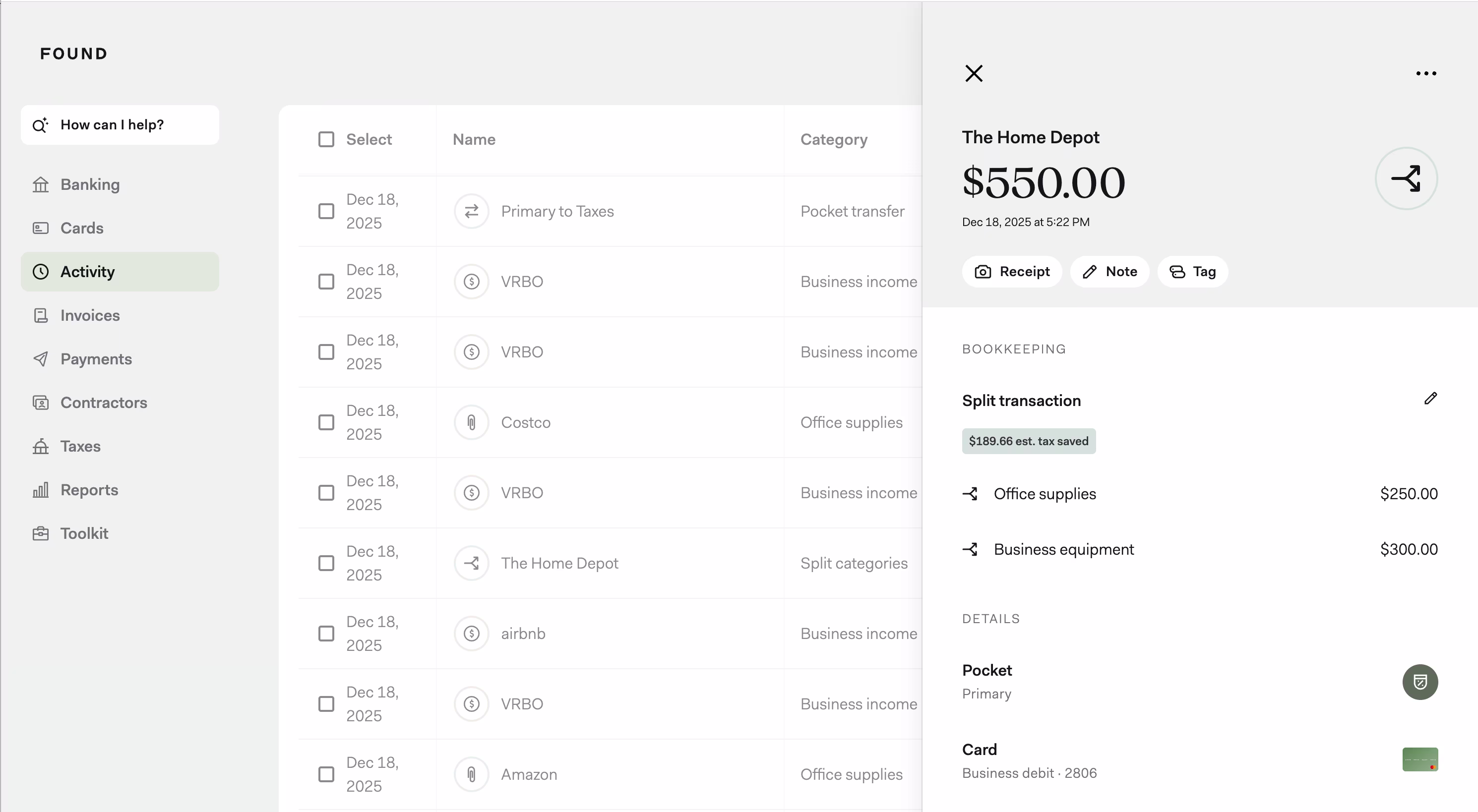 Desktop image of split transaction