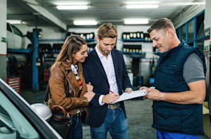 Couple heureux qui signe le devis d'un garagiste