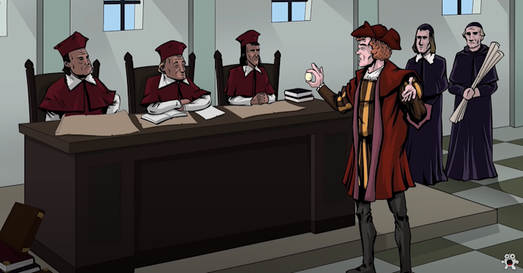 Christopher Columbus and a council of 1490s religious clerics Christopher Columbus and a council of 1490s religious clerics