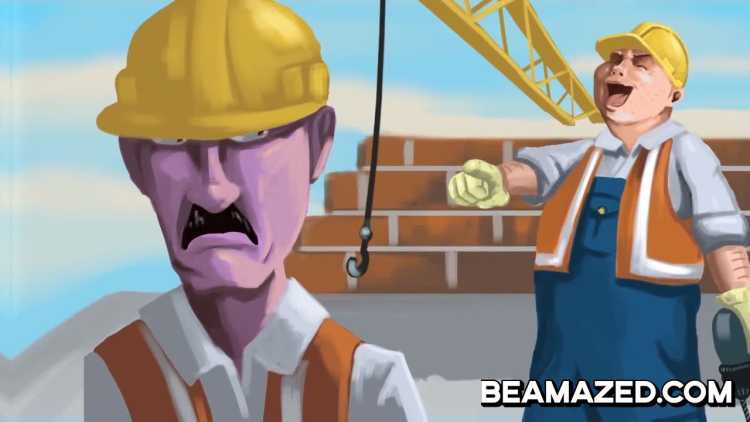 construction worker making fun of co-worker