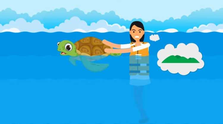 Candelaria Villanueva being saved by turtle in water