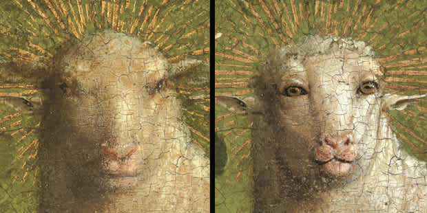 The Lamb of God before and after restoration