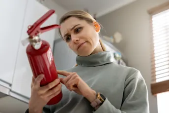 Brandförsäkring: Så skyddar du dig mot brand i hemmet Kvinna läser instruktioner på brandsläckare