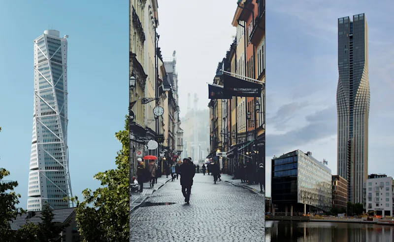 malmö stockholm göteborg-zmarta.jpg Turning Torso i Malmö, Gamla stan i Stockholm och Karlatornet i Göteborg | Zmarta/Unsplash